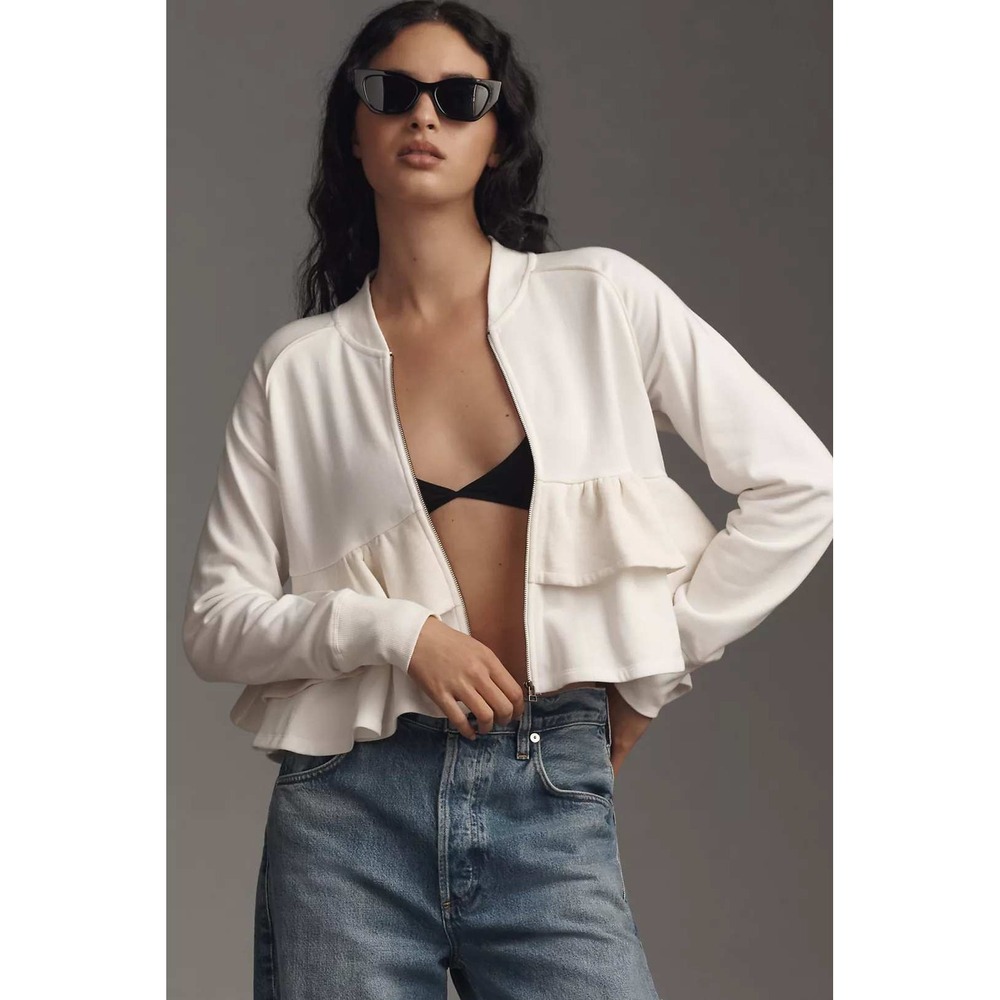 Maeve Anthropologie White Ruffle Peplum Zip Up Sweatshirt Jacket Small OB2191385